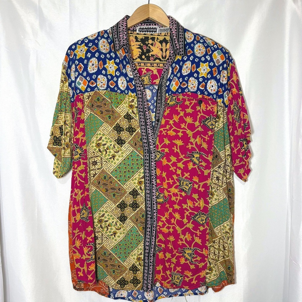 Vintage Cotton Express Rayon Patchwork Batik Print Button Up Shirt One Size
